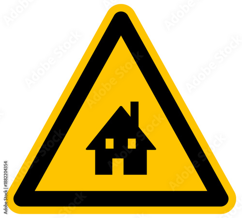 Señal de peligro amarilla con icono de casa hogar vector concepto de propiedad seguridad residencial zona de viviendas advertencia vecinal arquitectura y mercado inmobiliario