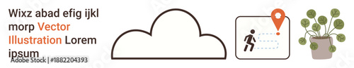 Cloud computing, navigation, productivity tools, task management, digital storage, work organization. Minimalist cloud, pinpoint indicator with human figure potted plant. Cloud computing