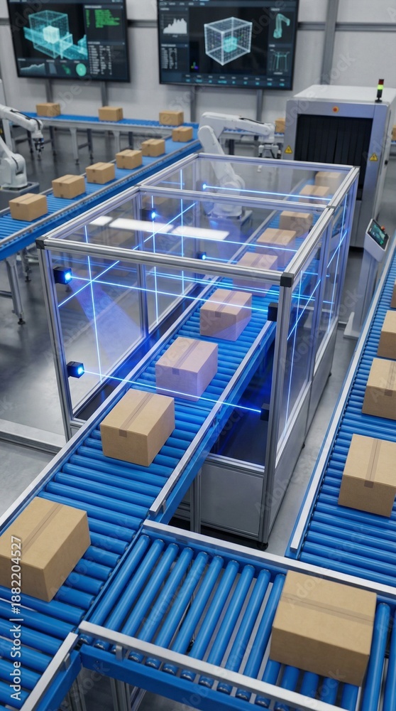Fototapeta premium Top View of Automated Sorting Conveyor Line with Digital Scanning Technology