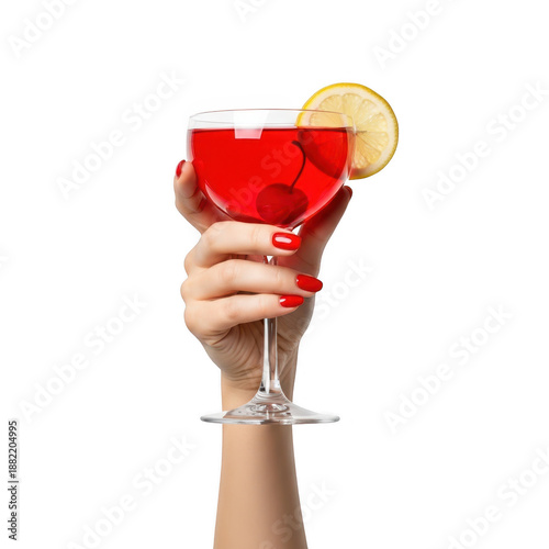 Hand holding red cocktail glass isolated on transparent background