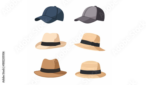 Flat vector fashion hats set with male baseball caps and female panama headwear icons isolated on white