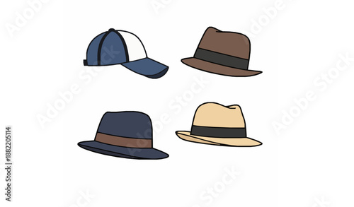 Minimal flat vector headwear icons with stylish baseball caps and elegant panama hats for men and women