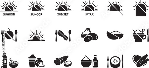Islamic Ramadan Fasting Schedule Icons Featuring Suhoor, Iftar, and Sunset Meal Symbols