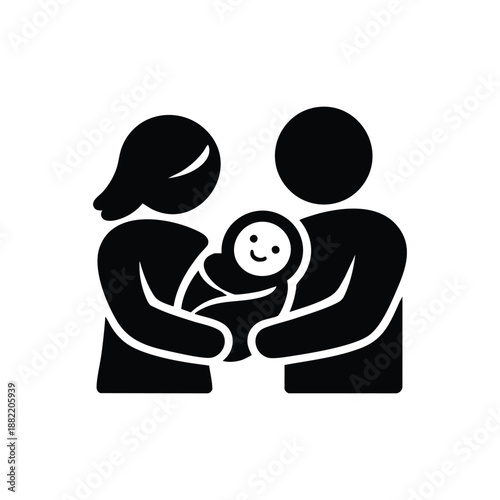 Happy family with newborn baby black and white vector icon