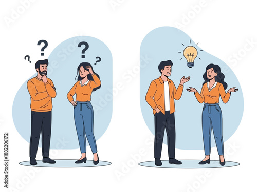 Two pairs of coworkers having an idea and feeling puzzled in a modern office setting with a light blue background