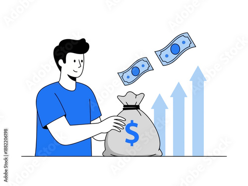 Man holding money bag with dollar sign and bills flying out