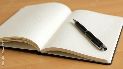 Wallpaper Mural Open blank notebook with a black pen resting on its pages, placed on a wood surface Torontodigital.ca