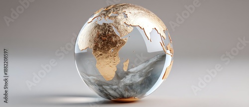 Elegant glass globe with golden continents on modern surface