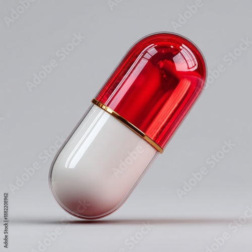 Large red and white medical capsule with gold band