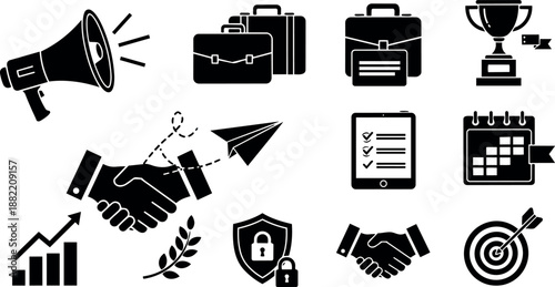 Black silhouette business icons including handshake, briefcases, megaphone, trophy, chart, tablet checklist, calendar, and target dartboard vector