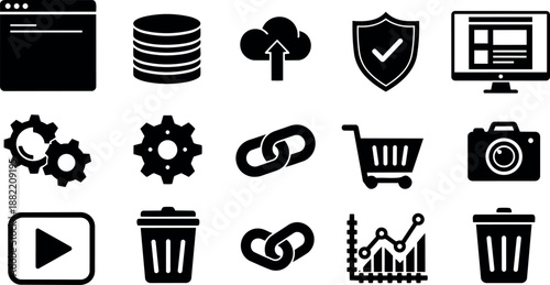 Black flat design icons set including database, cloud upload, shield security, shopping cart, camera, play button, and analytic chart vector