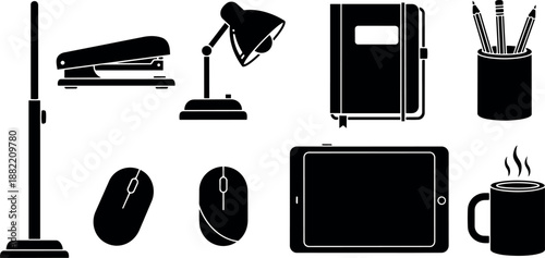 Black flat design vector art collection of office supplies with stapler tablet lamp and coffee cup icons
