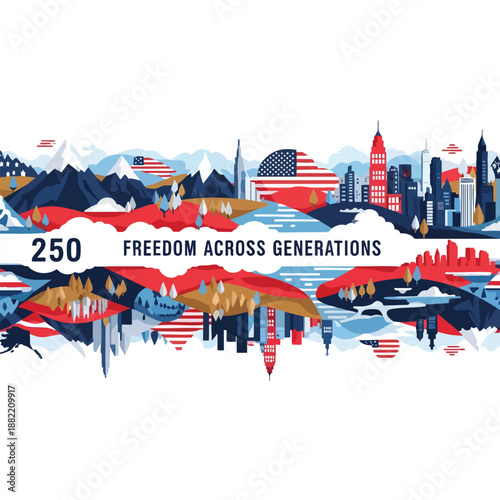 Vibrant digital illustration celebrating 250 years of American freedom across generations, featuring iconic landmarks and patriotic colors. Perfect for history textbooks, anniversary