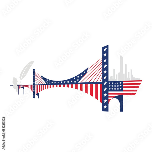 Illustration of a suspension bridge decorated with American flag colors and stars, set against a city skyline background. Perfect for america 250 anniversary celebrations, patriotic events,
