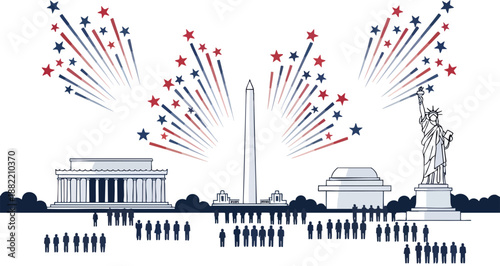 Illustration of the American independence celebration with fireworks over iconic landmarks including Lincoln Memorial, Washington Monument, and Statue of Liberty. Perfect for america 250
