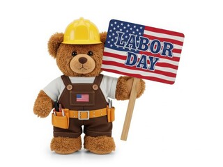 Celebrating labor day with a hardworking bear isolated on white background