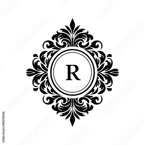 Elegant ornamental monogram frame with letter R, representing luxury branding, heritage identity, and refined personal or business initials.
