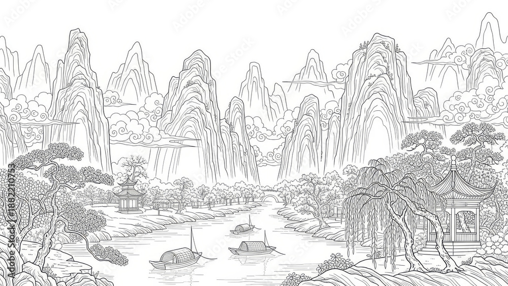 Fototapeta premium 中国装饰背景. 山水风景，静谧河流，青山环绕，舟行其间，展现自然之美的艺术表现。