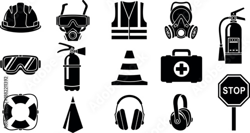Black and white safety equipment icons set including helmet gas mask goggles fire extinguisher traffic cone first aid kit and stop sign vector design