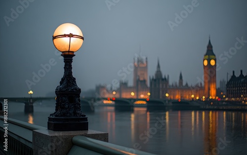 Illuminated lamp post with foggy London Parliament and river at dusk