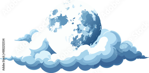 Serene Moon Resting on Fluffy Cloud at Night, Tranquil Celestial Scene, Dreamy Sky Illustration