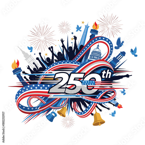 A colorful graphic illustration celebrating america 250 anniversary with patriotic symbols, fireworks, and iconic landmarks. Perfect for independence day, national celebrations, and