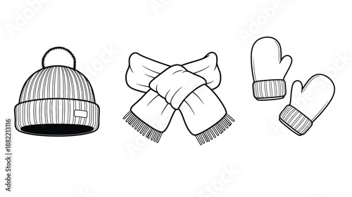 A simple black and white illustration depicting winter clothing items a hat scarf and mittens