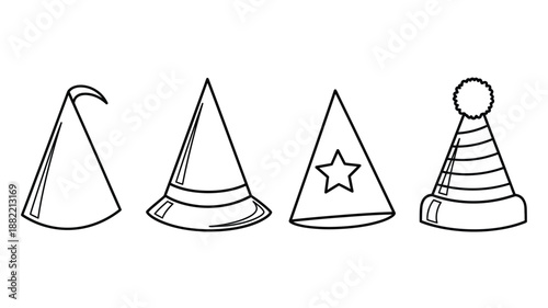 Four distinct wizard hats in a black and white line drawing varying in style and detail
