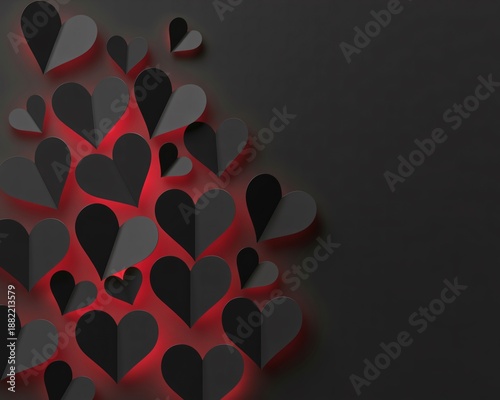 3D Black and Red Paper Hearts on Dark Background for Valentine's Day