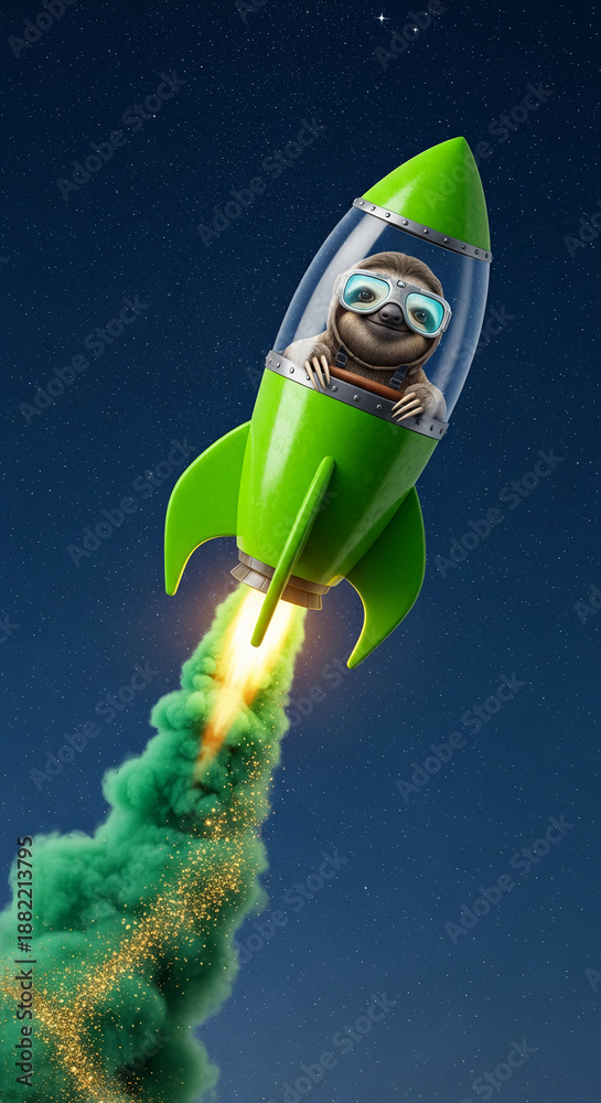 Fototapeta premium A green rocket with a sloth pilot wearing goggle, flying through space, symbolizing ambition, progress, innovation, adventure, and a touch of whimsy