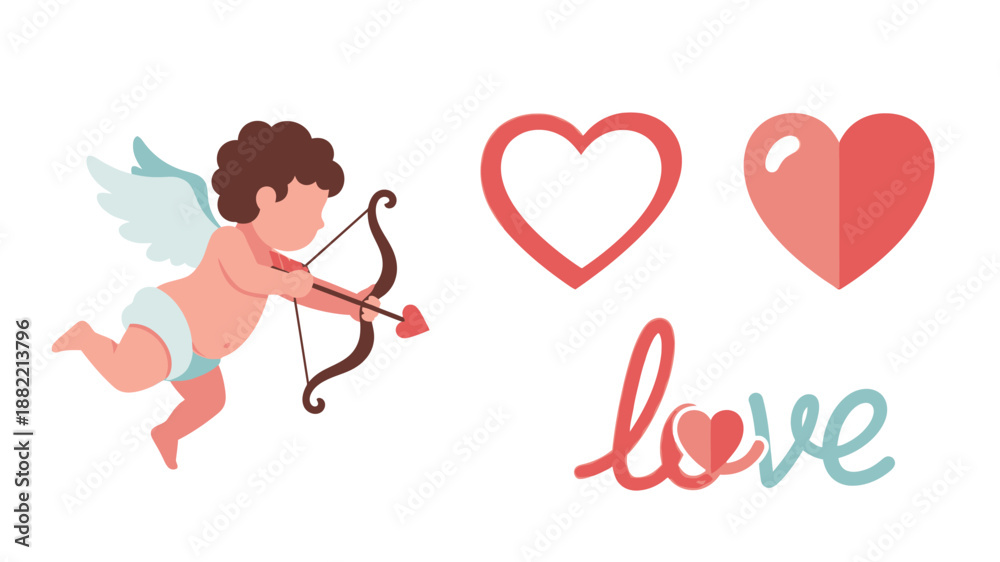 Fototapeta premium Cupid with bow hearts and the word love a valentine's day illustration