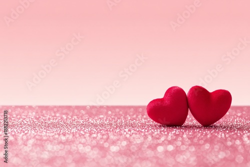 Two Red Plush Hearts on Pink Glitter Background for Valentine's Day