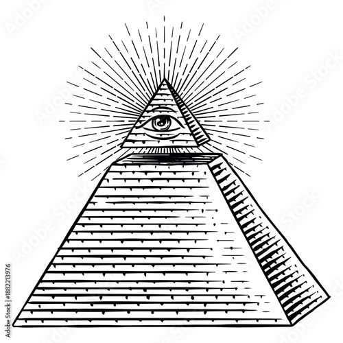 Pyramid with all seeing eye of providence .Freemason and Mason symbols. Illuminati and secret union or brotherhood logo engraving, hand drawn
