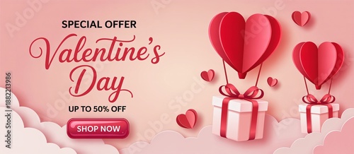 Valentine's Day Sale Banner with 3D Paper Hot Air Balloon Hearts