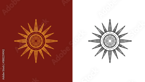 sun symbol in old engraving style. hand drawn emblem with rays of light