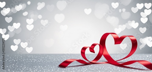 Red Ribbon Shaped into a Heart on Silver Glitter Bokeh Background