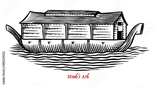 Noahs Ark. Biblical ship where Noah saved all the animals. Symbol of Christian religion in engraving handdrawn style.