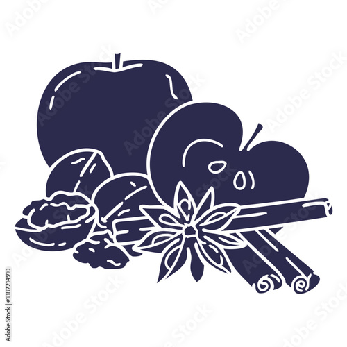 Cut out apples, nuts and cinnamon