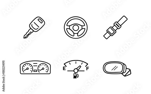 Collection of car interior and exterior icons including key, steering wheel, seatbelt, dashboard, fuel gauge, and mirror