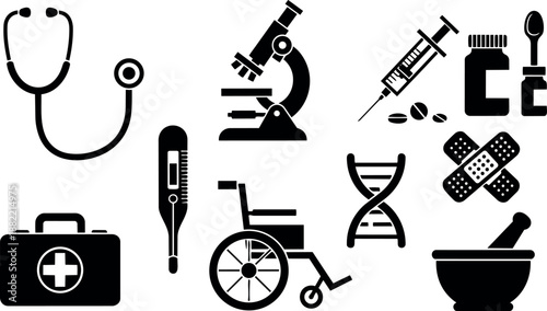Black medical icons set including stethoscope thermometer microscope syringe medicine capsule first aid wheelchair dna mortar pestle and bandage