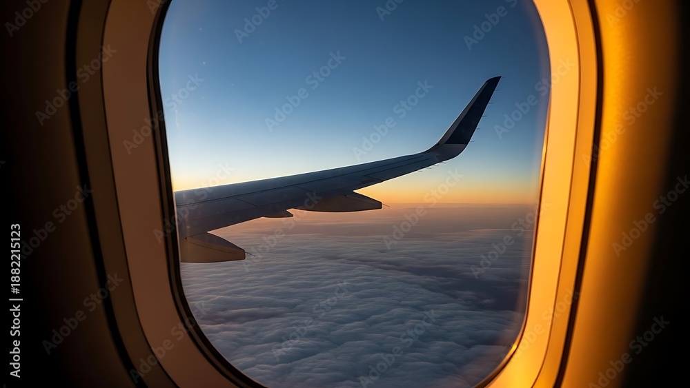 Obraz premium View from an airplane window showcasing the wing and a cloudscape during golden hour