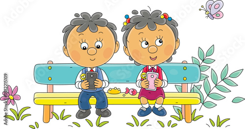 Funny little girl and boy sitting on a colorful small branch in a park and playing their smartphones, vector cartoon illustration on a white background