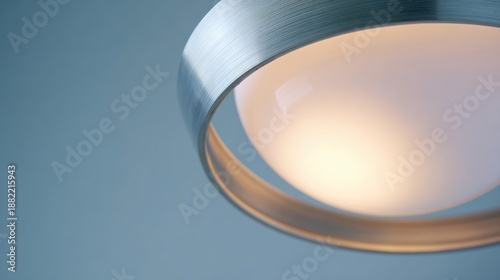 Close-up of a modern ceiling light fixture. the fixture is made of metal and has a curved shape with a silver finish. the light bulb is turned on, casting a warm glow on the surrounding area.