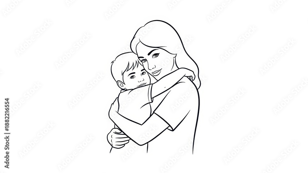 Obraz premium Mother Hugging Child Tenderly - Simple Line Art Illustration