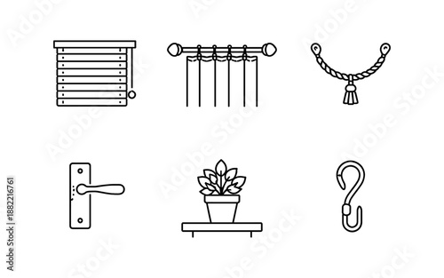 Collection of simple line icons representing home decor and hardware elements