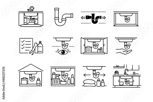 Plumbing vector baseline storage sink clean kitchen silhouette cabinet icon under mindful