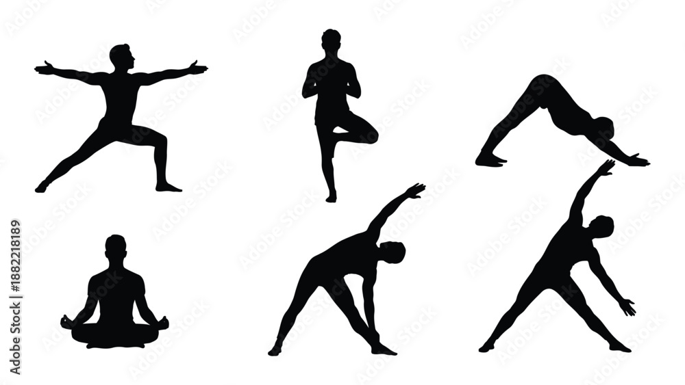 Obraz premium silhouettes of people demonstrating various yoga poses and stretching exercises in black and white