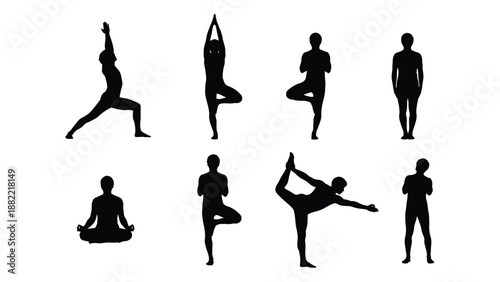 silhouettes of people performing various yoga poses against a stark white background