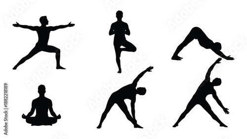silhouettes of people demonstrating various yoga poses and stretching exercises in black and white