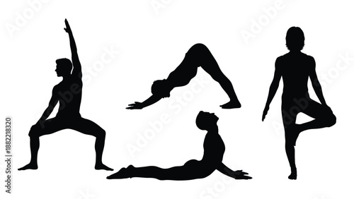 silhouette figures demonstrating various yoga poses including downward dog tree pose and warrior stance